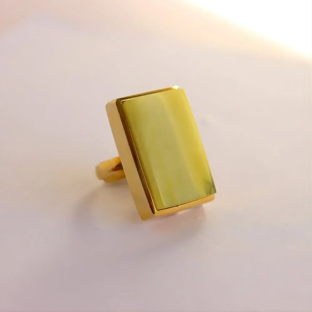 Baltic Butterscotch Lime Amber Statement Ring - 14k Gold Plated Sterling Silver